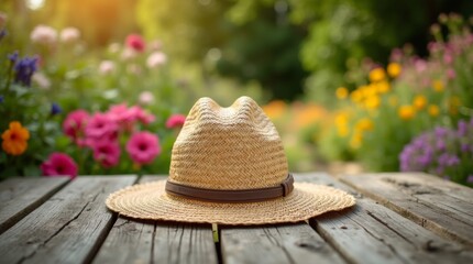 A wide-brimmed straw sun hat resting on a rustic wooden garden table, surrounded by gardening tools and vibrant flowers
