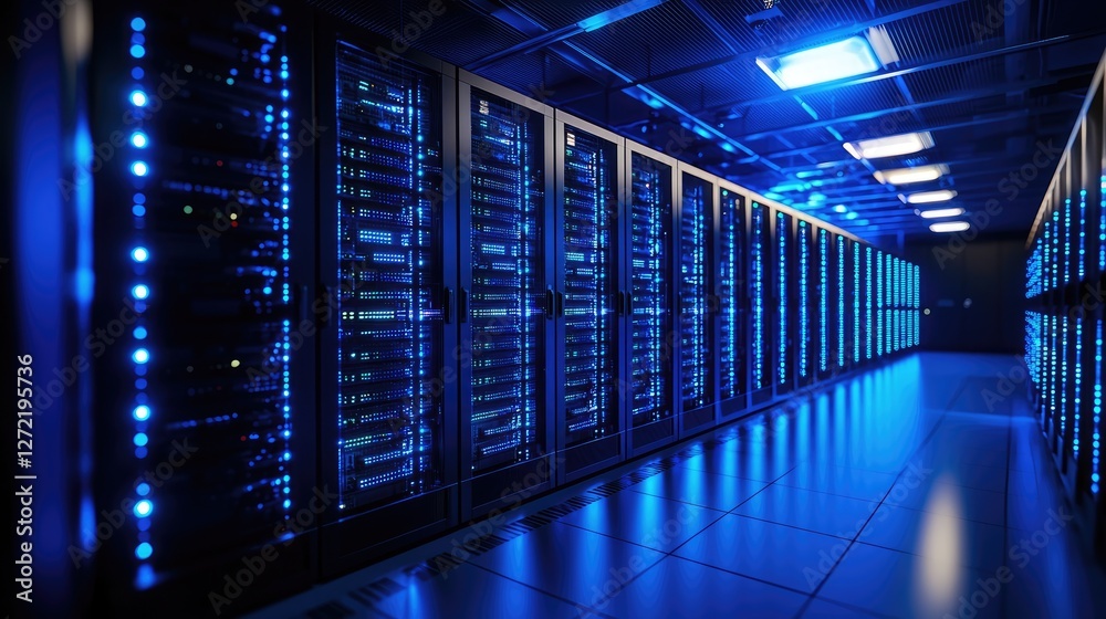 Aufkleber Futuristic data center with glowing blue server racks, symbolizing cloud computing, cybersecurity, and digital infrastructure. Ideal for IT, networking, and security themes