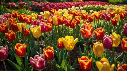 A close-up view of a flower bed bursting with tulips in shades of red, yellow, and pink, surrounded by lush green foliage