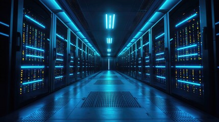 Fototapeta premium Futuristic data center with glowing blue server racks, representing cloud computing, cybersecurity, and IT infrastructure. Ideal for technology, networking, and security themes