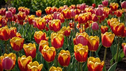 A close-up view of a flower bed bursting with tulips in shades of red, yellow, and pink, surrounded by lush green foliage