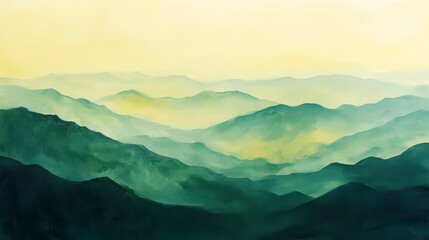 a breathtaking view of layered mountains, bathed in a serene atmosphere. The soft hues of green and yellow create a sense of calm and tranquility.