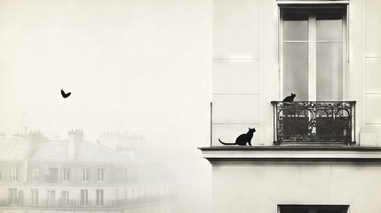   A monochrome image of a feline perched on a windowsill with an avian in flight