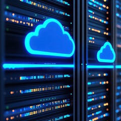 Futuristic server room showcasing vibrant cloud icons and illuminated data panels, representing modern digital infrastructure.