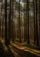 Fototapeta premium A beautiful forest, filled with towering trees and vibrant foliage, evoking feelings of peace and tranquility.