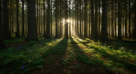 Naklejka premium A serene forest scene, filled with lush greenery and towering trees, perfect for a peaceful escape.