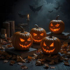 Halloween Spooky Still Life with Pumpkins and Candles