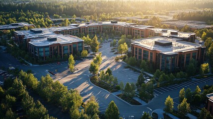 Aerial view of sunrise over office park campus