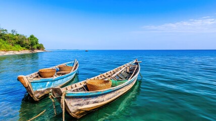 Obraz premium Two wooden boats with baskets on calm blue sea near lush green coastline under clear sky