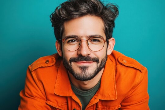 Young man in orange jacket smiling against bright teal background during a casual portrait session