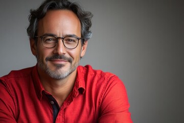 Obraz premium Smiling man wearing glasses in a red shirt with a neutral background