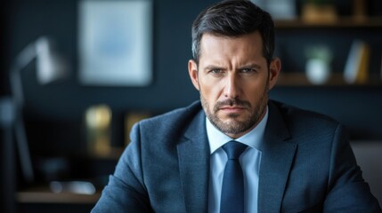 Fototapeta premium Businessman in a suit with serious expression at a modern office desk during work hours