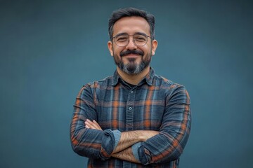 Fototapeta premium Smiling man with glasses in plaid shirt standing confidently against a blue background