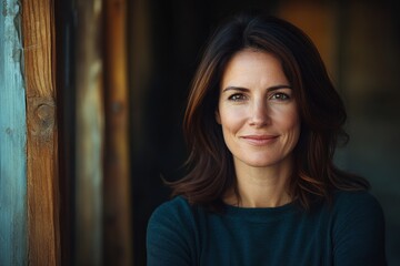 Fototapeta premium Woman with warm smile stands confidently beside wooden wall in natural light