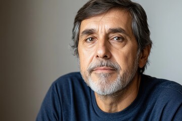 Obraz premium Middle-aged man with gray hair and beard showing calm expression in neutral background indoors