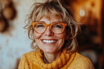 Smiling woman with stylish glasses enjoys cozy indoor atmosphere during a sunny afternoon