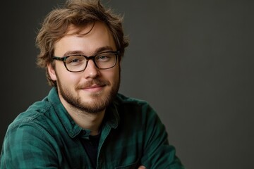 Obraz premium Young man smiling with glasses wearing a green plaid shirt against a neutral background