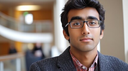 Fototapeta premium Young man with glasses poses confidently in a modern building during the day