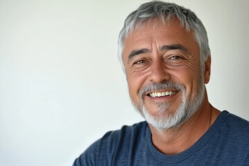 Smiling older man with gray hair and beard in casual attire against a neutral background indoors