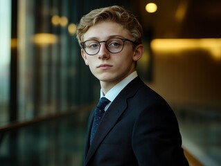 Fototapeta premium Young man in formal attire poses confidently near modern glass architecture