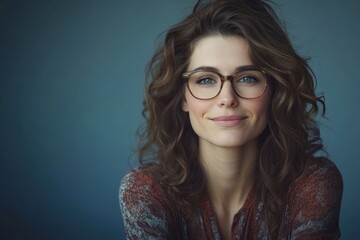 Obraz premium Woman with curly hair wearing glasses smiles in a relaxed setting with neutral background