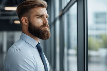 Fototapeta premium Young man with beard looking thoughtfully out of a large window in a modern office setting