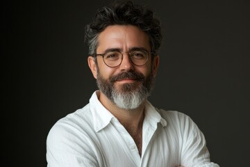 Obraz premium Professional man with glasses smiling confidently against a neutral background