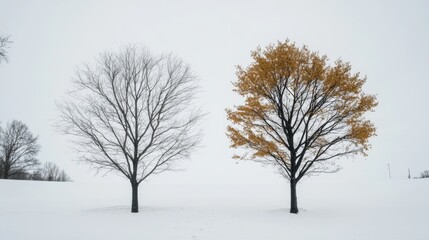 Fototapeta premium Winter and Autumn in Harmony: Two Contrasting Trees Amidst a Snowy Landscape
