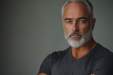 Obraz premium Mature man with gray hair and beard poses confidently in a casual gray t-shirt against a neutral background
