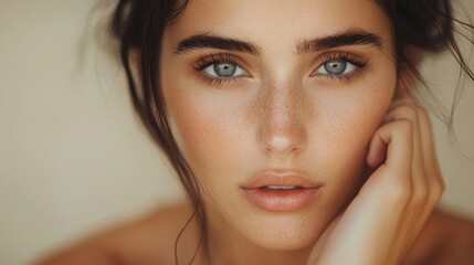 Obraz premium Close-up portrait of a young woman showcasing natural beauty and striking features