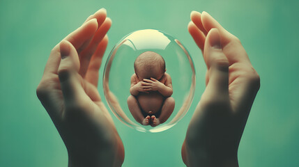 Two hands on green background with embryo in center.