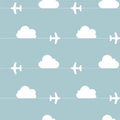 Seamless pattern of planes and clouds outlines on a blue background. Seamless background for printing on fabric, packaging, banners, as well as for interior design