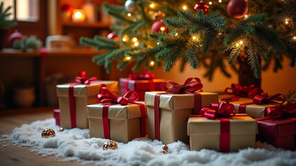 Garland-wrapped presents under the tree