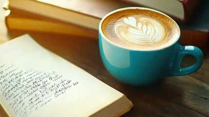   A book with writing sits beside a cup of coffee and a pen
