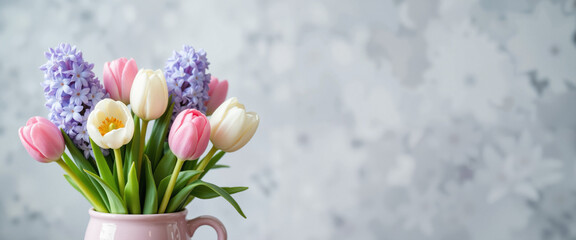 Obraz premium Spring flowers in a pastel vase radiating freshness and joy, showcasing vibrant pink tulips and purple hyacinths against a soft, blurred gray background