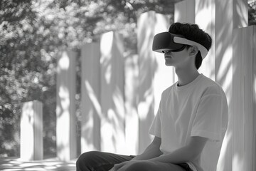 A young man sits outdoors, engrossed in a virtual reality experience, lost in a digital world.