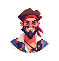 Cartoon-style smiling pirate with a red bandana and a confident expression. Great for pirate, adventure, sea, or treasure hunt concepts in kids’ or entertainment themes