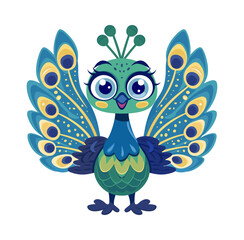 Adorable cartoon-style cute peacock with vibrant, colorful feathers displayed. Suitable for kids' content, wildlife, nature, and art projects emphasizing beauty and elegance