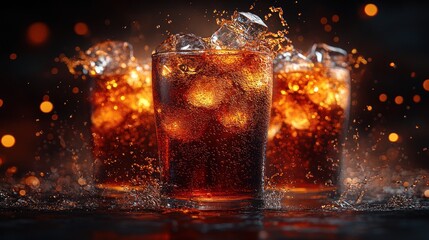 Sparkling Soda Glasses with Ice Splashing on Dark Background