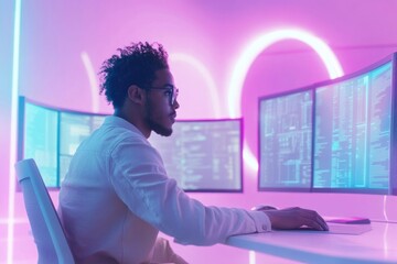 A focused programmer works diligently on multiple monitors displaying lines of code in a vibrant, neon-lit workspace.
