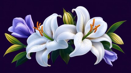 Fototapeta premium A bouquet of white and purple flowers with green leaves. The flowers are arranged in a way that they look like they are holding each other