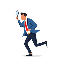 Dynamic business professional in a blue suit running with a magnifying glass, symbolizing job hunting, research, and the pursuit of growth opportunities with energy and focus
