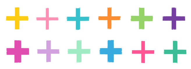 Obraz premium Colorful vector set with hand painted doodle plus symbols, Grunge textured signs for kids and baby education and school designs