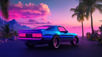 Mounting vibes 2000s style illustration with retro car driving into the sunset. back car view