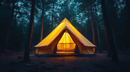 Illuminated Bell Tent in Dark Forest at Night