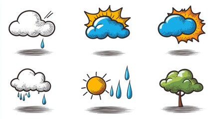 Hand-Drawn Weather Icons: Cloud, Sun, Rain, and Tree Illustrations