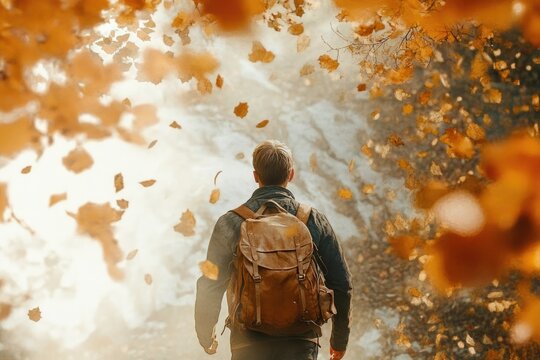 A lone hiker walks through a mystical autumn forest, surrounded by falling leaves.