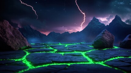 Electric Green & Cyan Sci-Fi Grid glowing green neon lines and cyan geometric prisms over a futuristic wireframe floor.