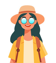 Vector illustration of a cheerful female tourist with sunglasses, hat, and backpack, dressed in casual travel attire. Perfect for themes related to travel, adventure, and exploration.