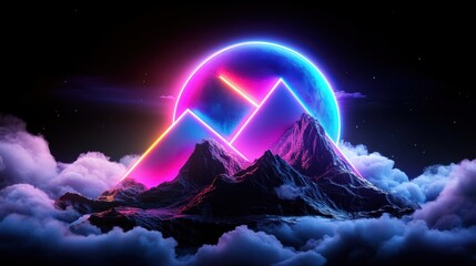 Futuristic Retro Party Aesthetic abstract neon triangles and zigzags floating over a vaporwave planet.